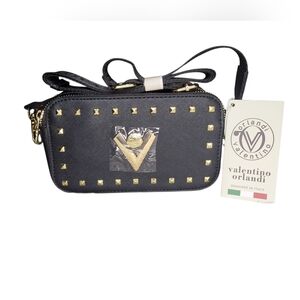 Valentino Orlandi Black Camera Style Crossbody Bag with Gold Accents - New